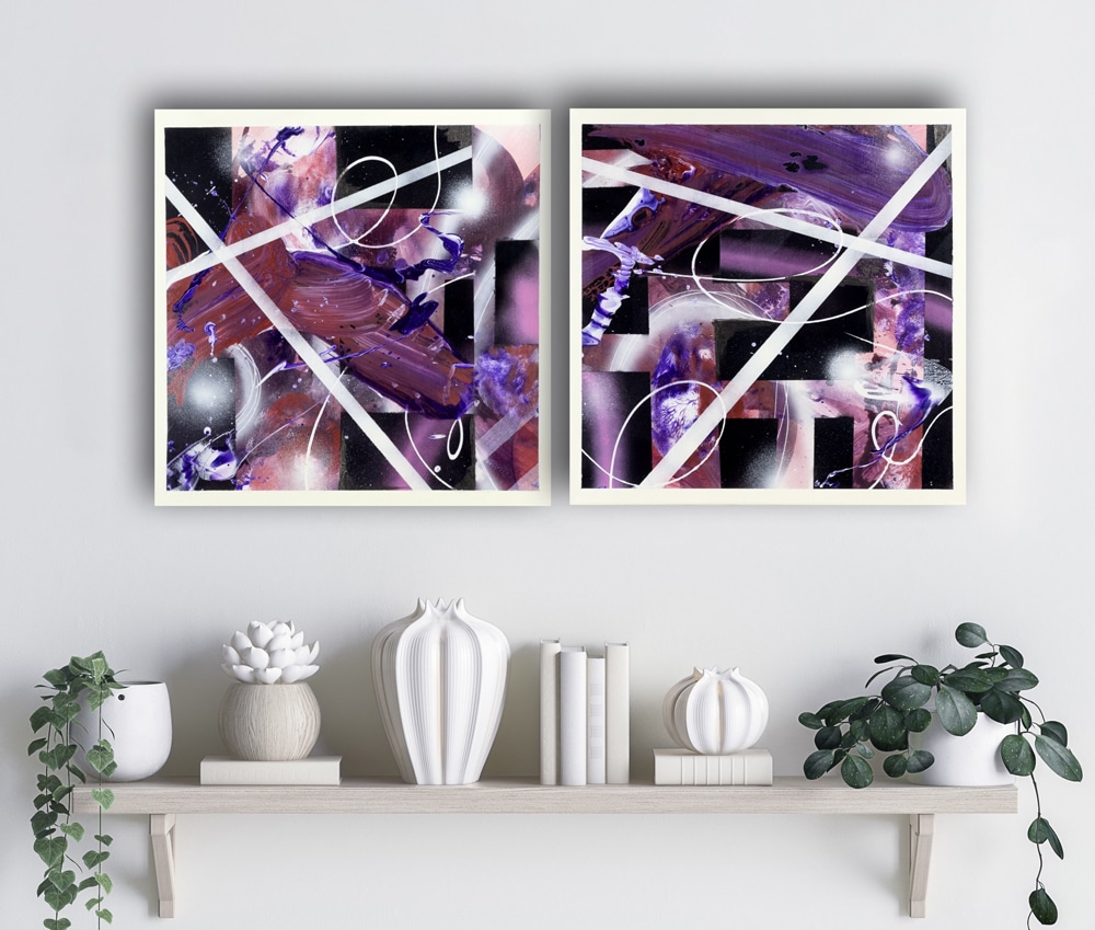 Abstraktně namalované obrazy akrylem s názvem: Duet Malinul