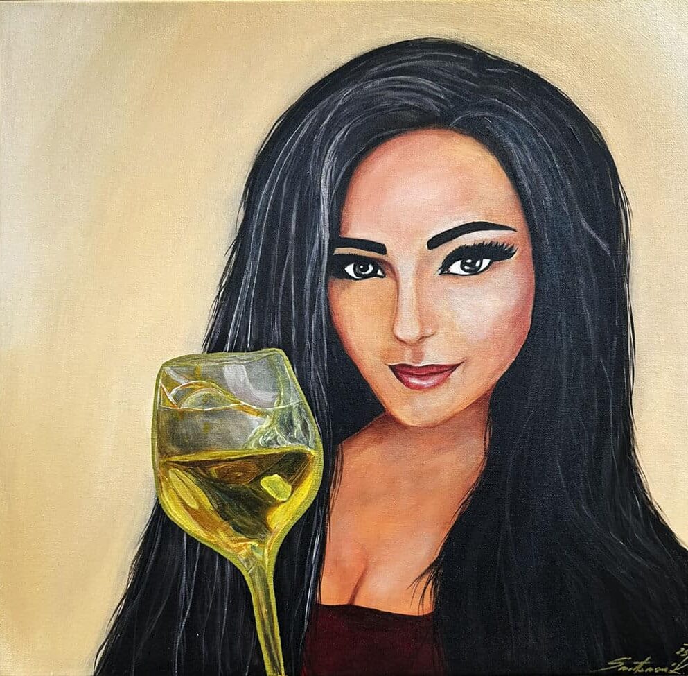 Na obrazu je abstraktně namalovaný portrét akrylem s názvem: Žena s vínem pravdy.