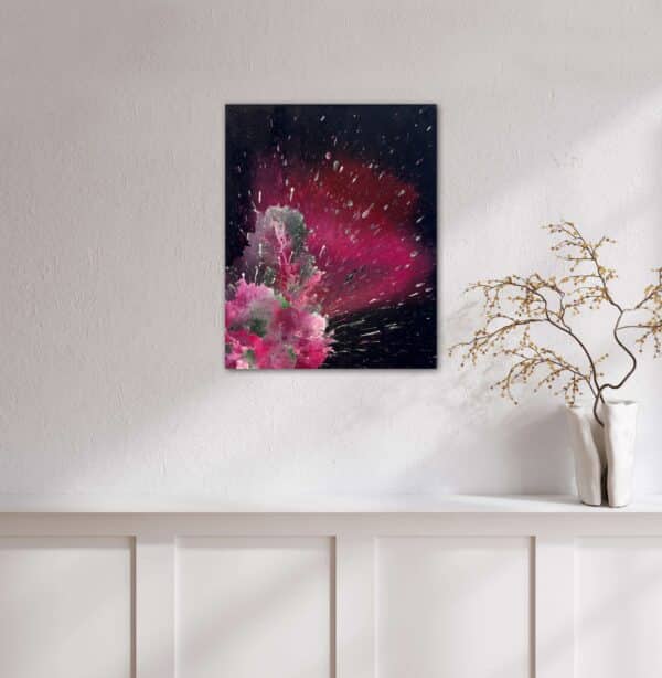 Abstraktně namalovaný obraz akrylem s názvem: Růžová harmonie noci.