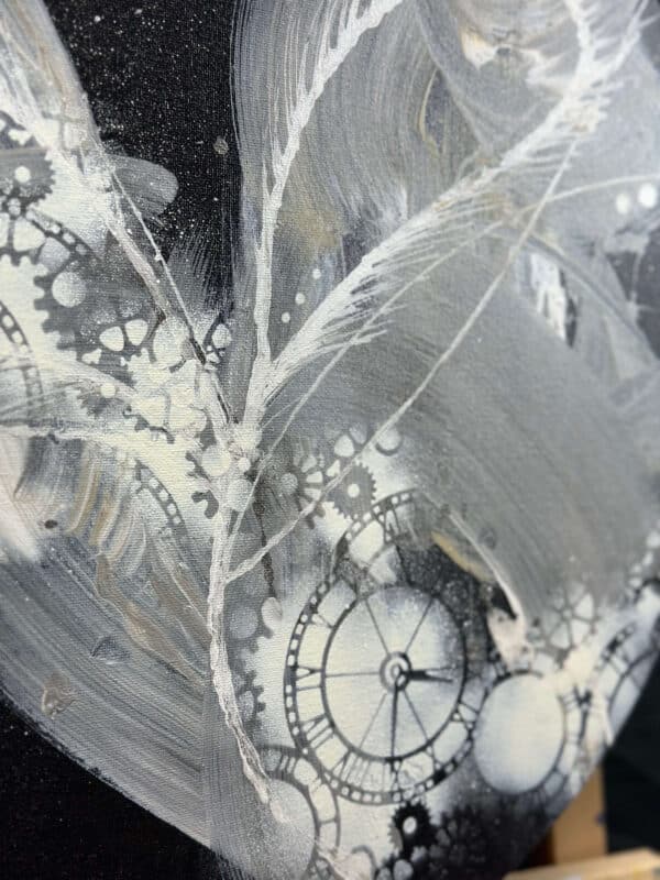 Abstraktně namalovaný obraz akrylem s názvem: Křídla času