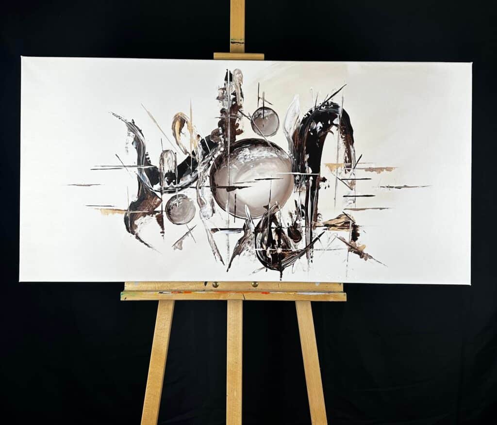 Abstraktně namalovaný obraz akrylem s názvem: Poletíme tiše