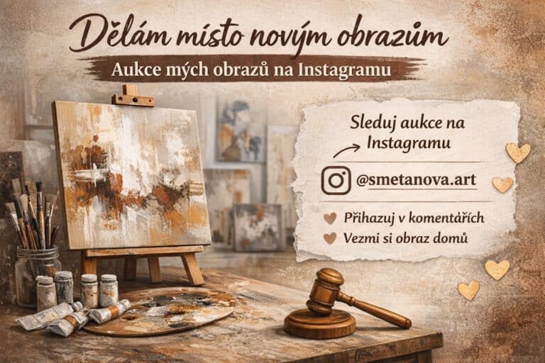 Abstraktní obraz na stojanu v ateliéru s informací o aukci obrazů na Instagramu Kristýny Smetanové, kde lze přihazovat v komentářích a získat originální umění za vlastní cenu.