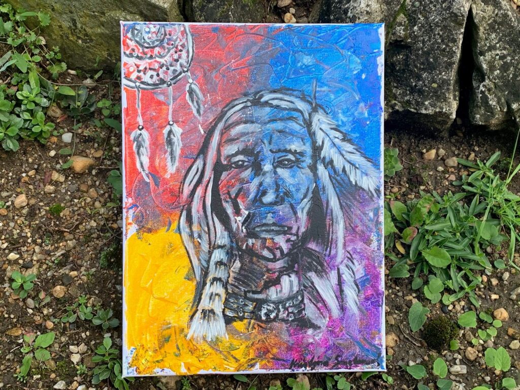 Akrylový obraz indiánky jako symbol síly, klidu a vnitřní energie inspirovaný osobním příběhem autorky.