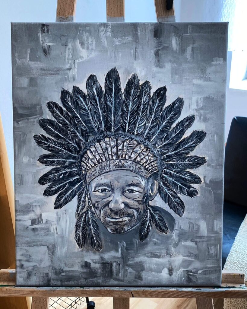 Akrylový obraz indiánky jako symbol síly, klidu a vnitřní energie inspirovaný osobním příběhem autorky.