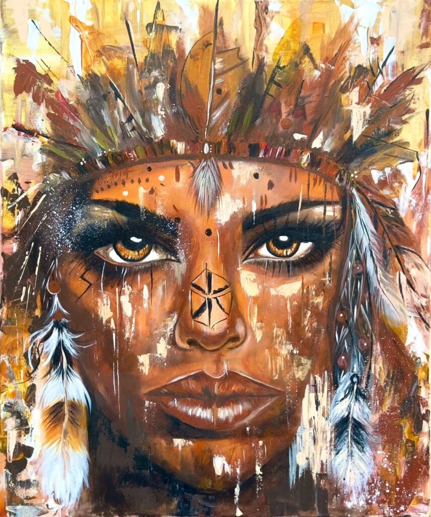Akrylový obraz indiánky jako symbol síly, klidu a vnitřní energie inspirovaný osobním příběhem autorky.