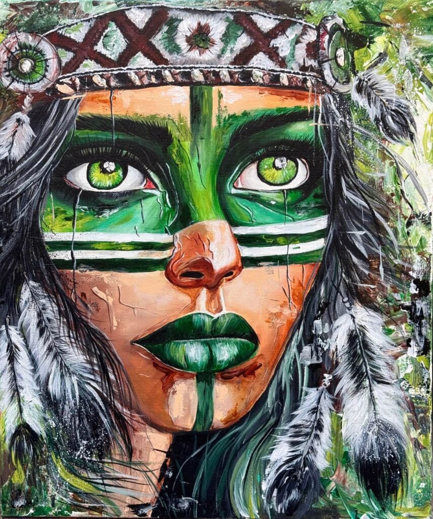 Akrylový obraz indiánky jako symbol síly, klidu a vnitřní energie inspirovaný osobním příběhem autorky.