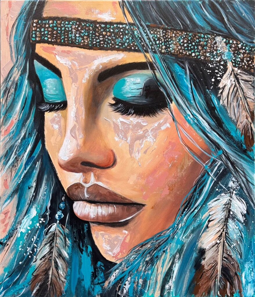 Akrylový obraz indiánky jako symbol síly, klidu a vnitřní energie inspirovaný osobním příběhem autorky.
