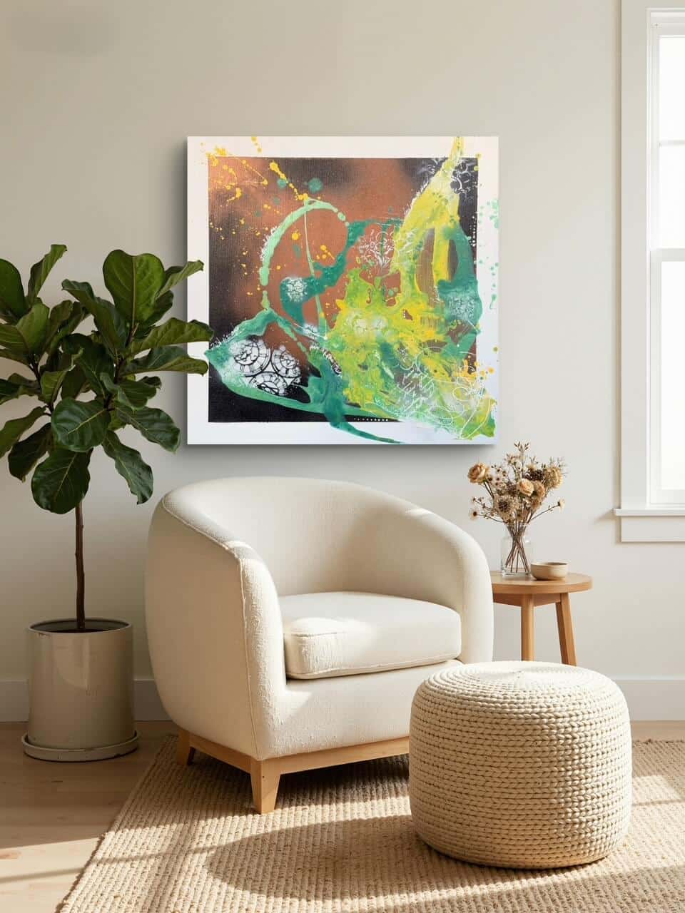 Abstraktní obraz ve formátu 50 × 50 cm se zelenými a žlutými akrylovými barvami, dynamické tahy štětce a vrstvená struktura na plátně.