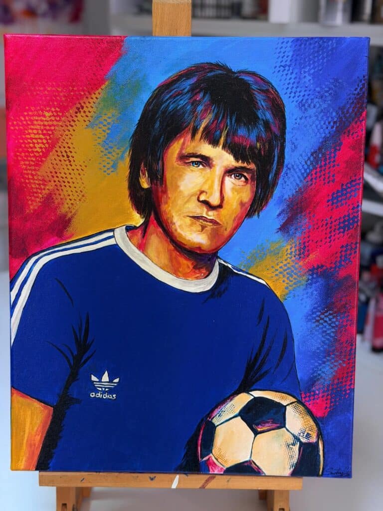 Pop Art obraz na zakázku podle fotografie – portrét muže v modré, růžové a žluté